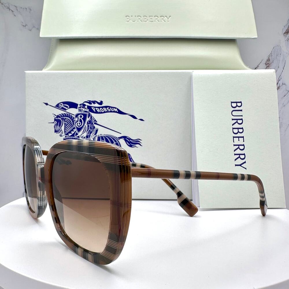 New Burberry Sunglasses Brown Check Square Frames Gradient Lens w/ Case BURBERRY - Picture 2 of 16